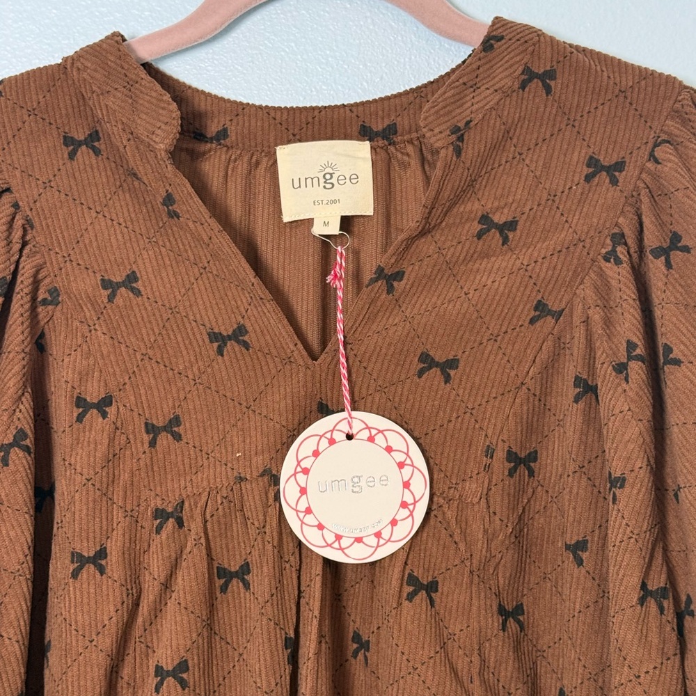 Umgee Soft Brown Bow-Print Peasant Blouse - Picture 2 of 6